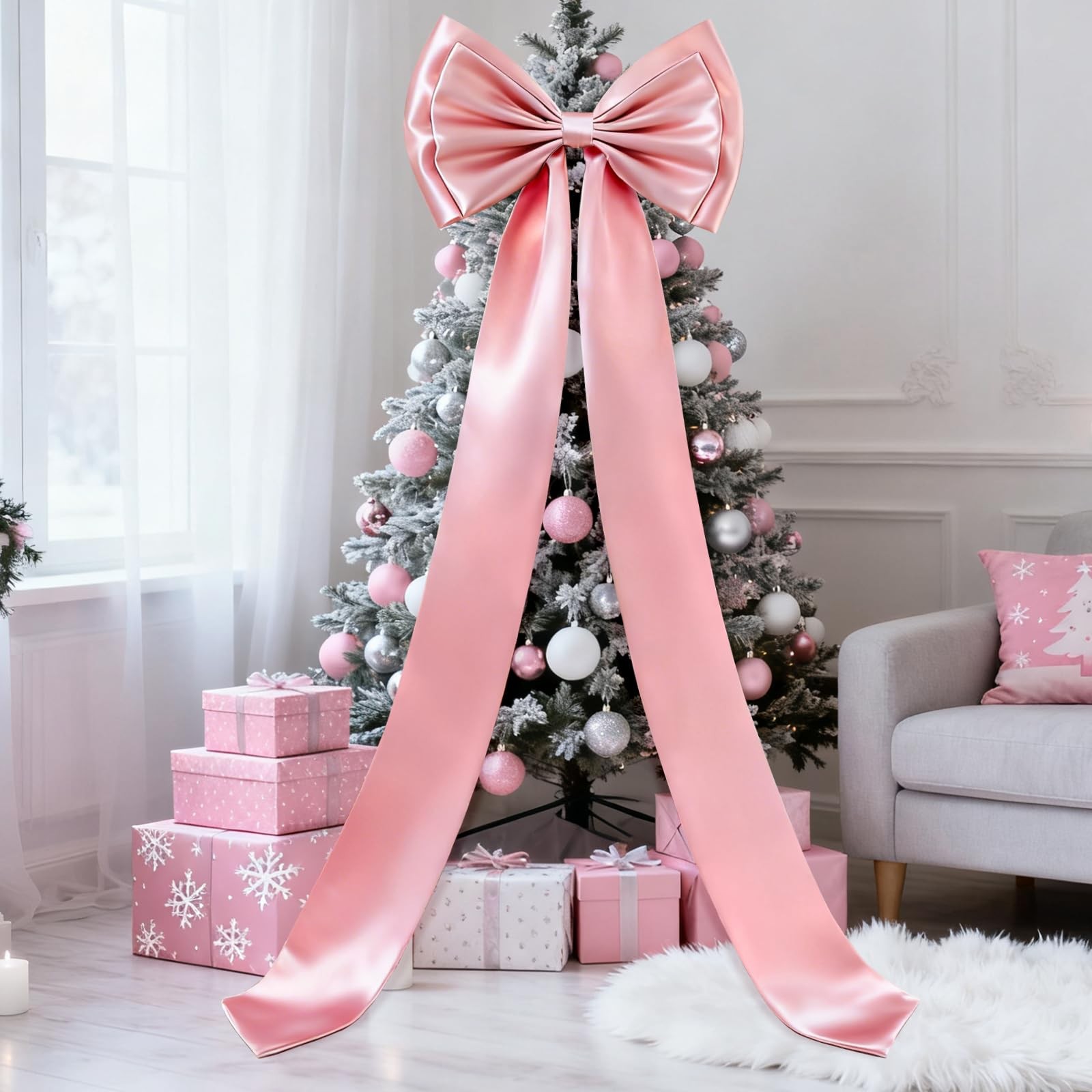 19×75 Inch Pink Giant Bow Decor Christmas Tree Topper Wreath Wall Backdrop