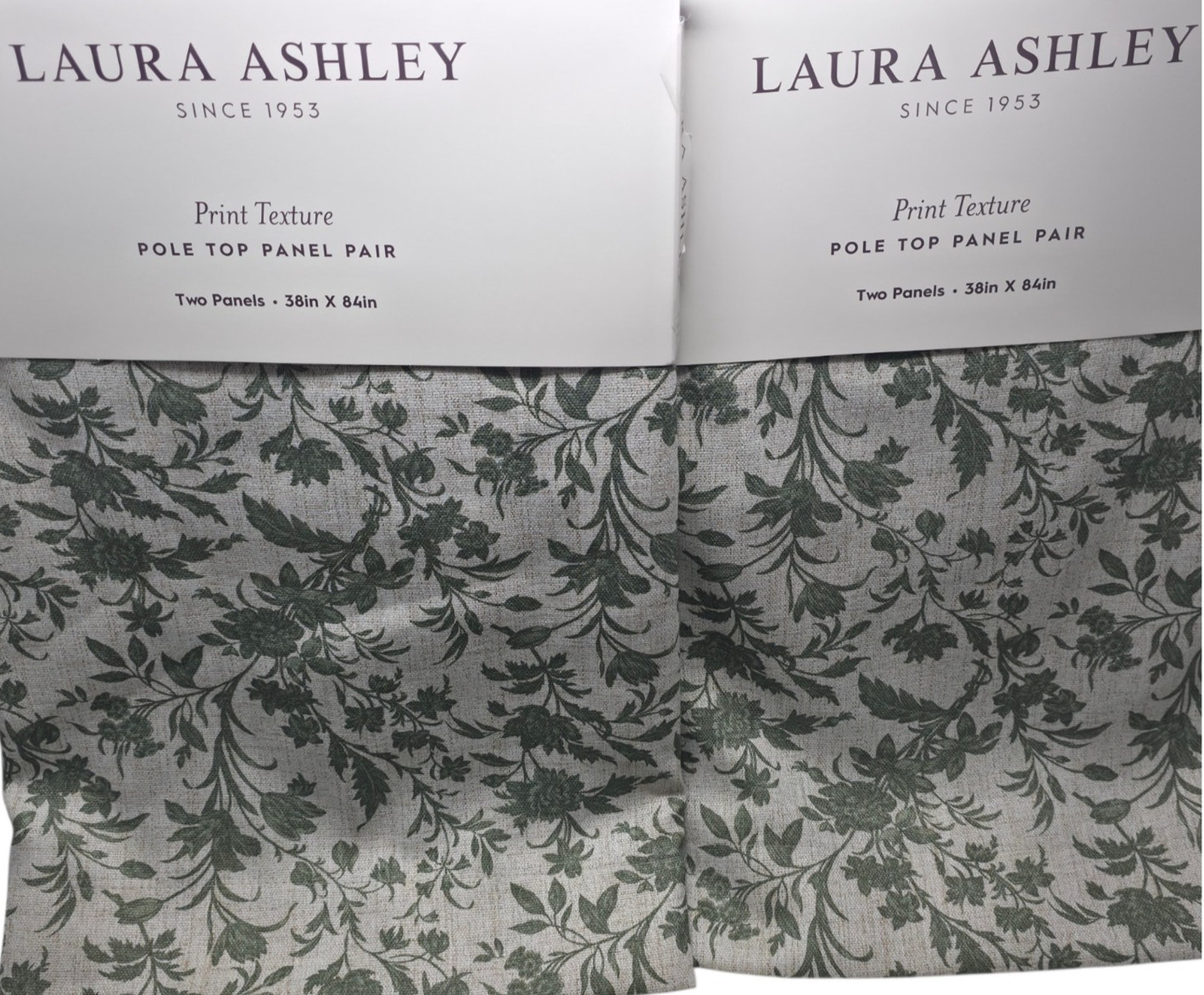 Laura Ashley Floral Print Texture Curtain Panels 38×96 Green Linen Blend Set 4