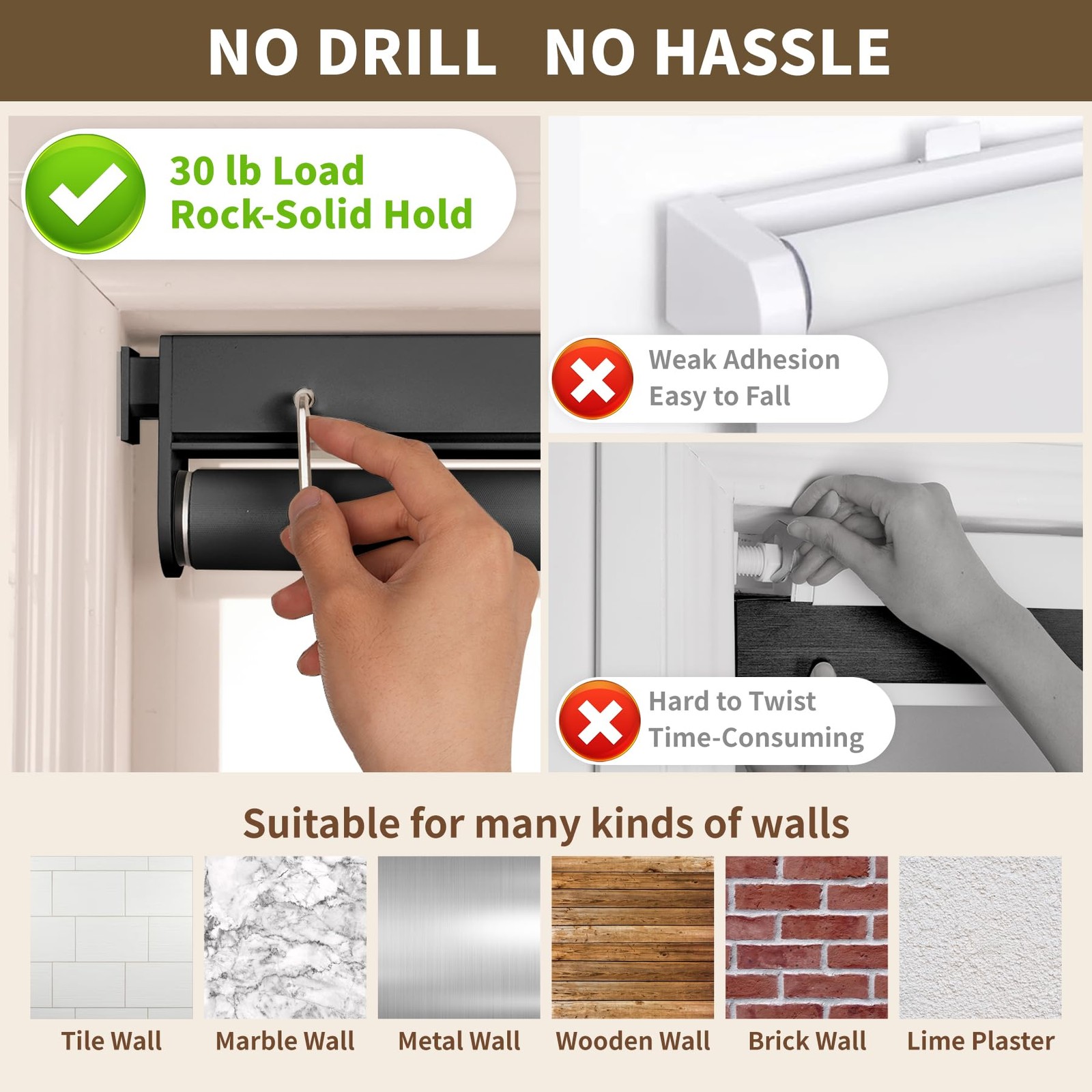 Hestia No Drill Cordless Blackout Roller Shades Screwless Waterproof Shower