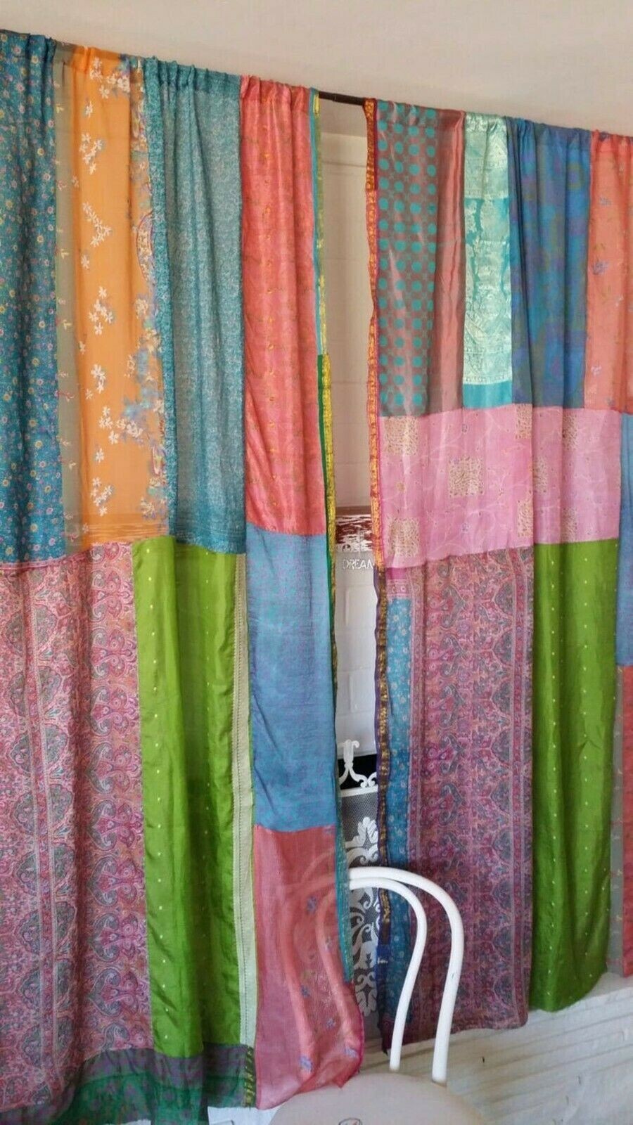 2 Pc Indian Saree Patchwork Curtain Drape Window Decor Multi Silk Sari Curtain