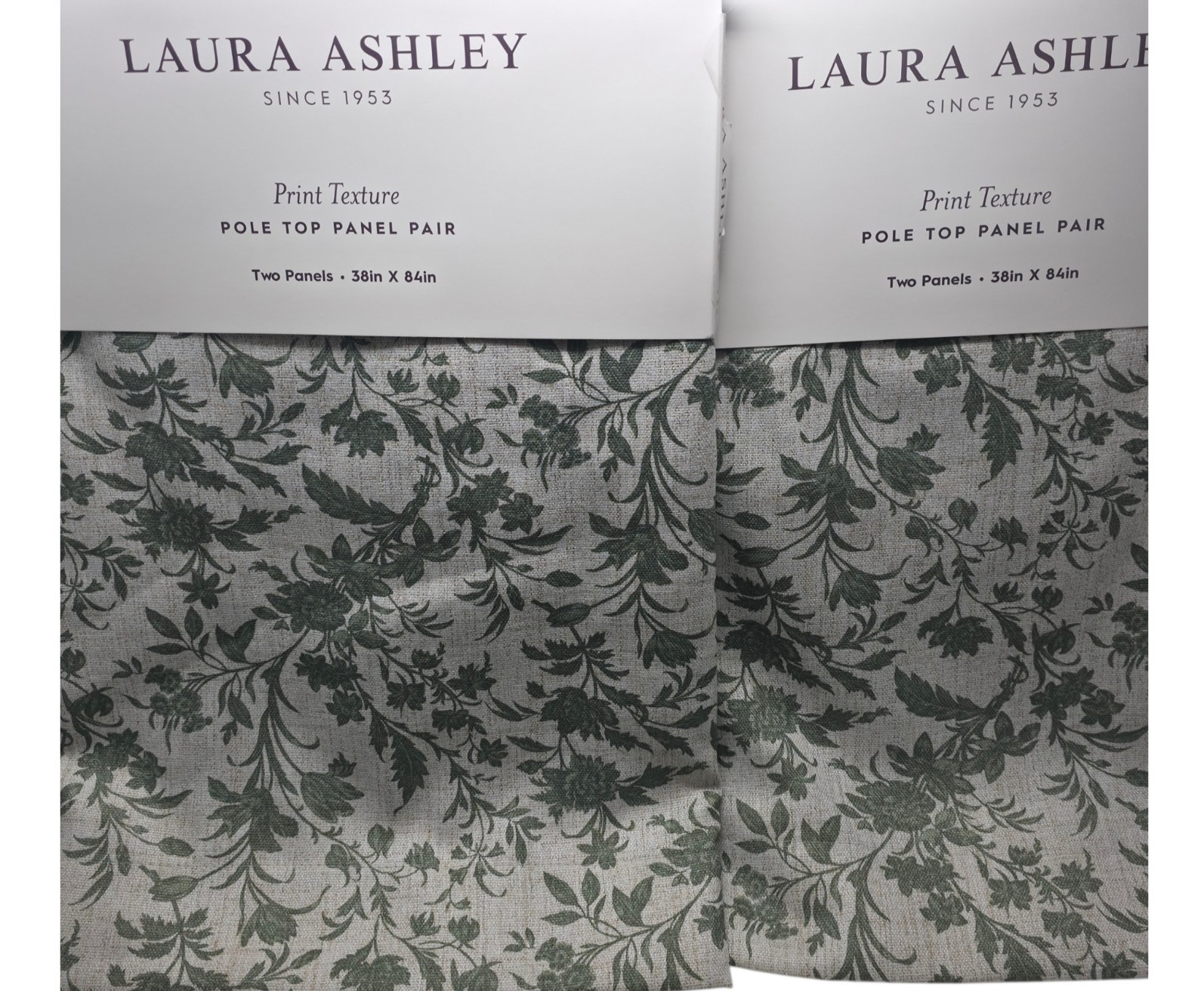 Laura Ashley Floral Print Texture Curtain Panels 38×96 Green Linen Blend Set 4