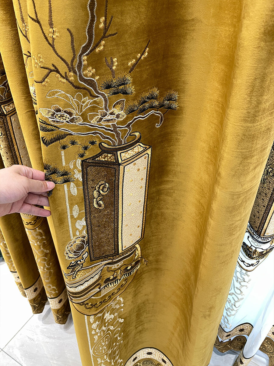 luxury Chinese Embroidery Velvet gold classical curtain valance tulle M1670