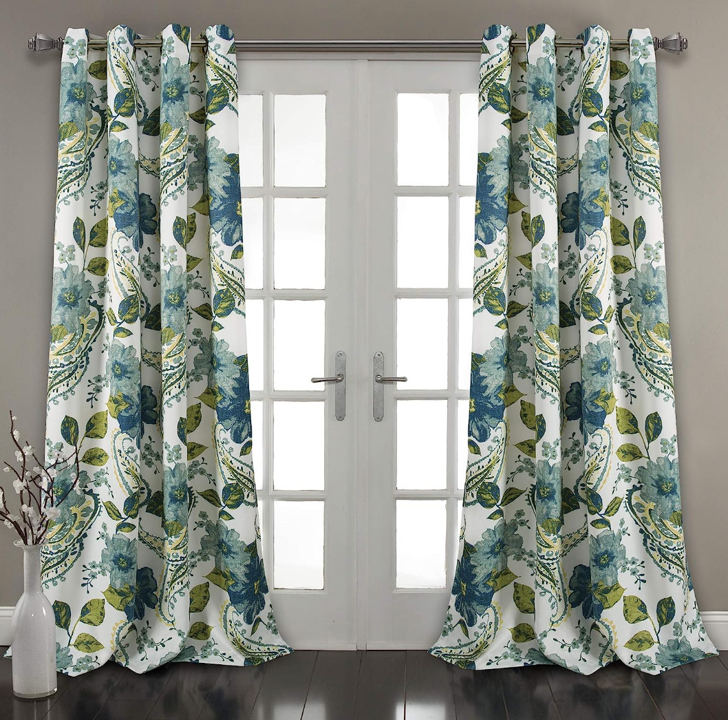 Set 2 Blue Teal Green Floral Paisley Curtains Panels Drapes 95 inch L Darkening