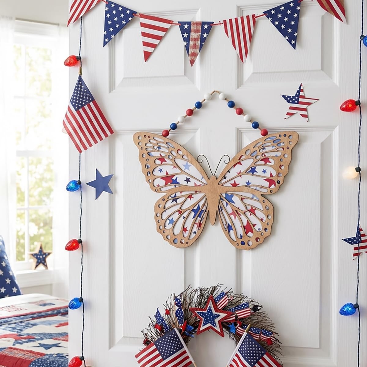 4th of July Wreath, Patriotic Wreath for Front Door, Red White and Blue Butterfl