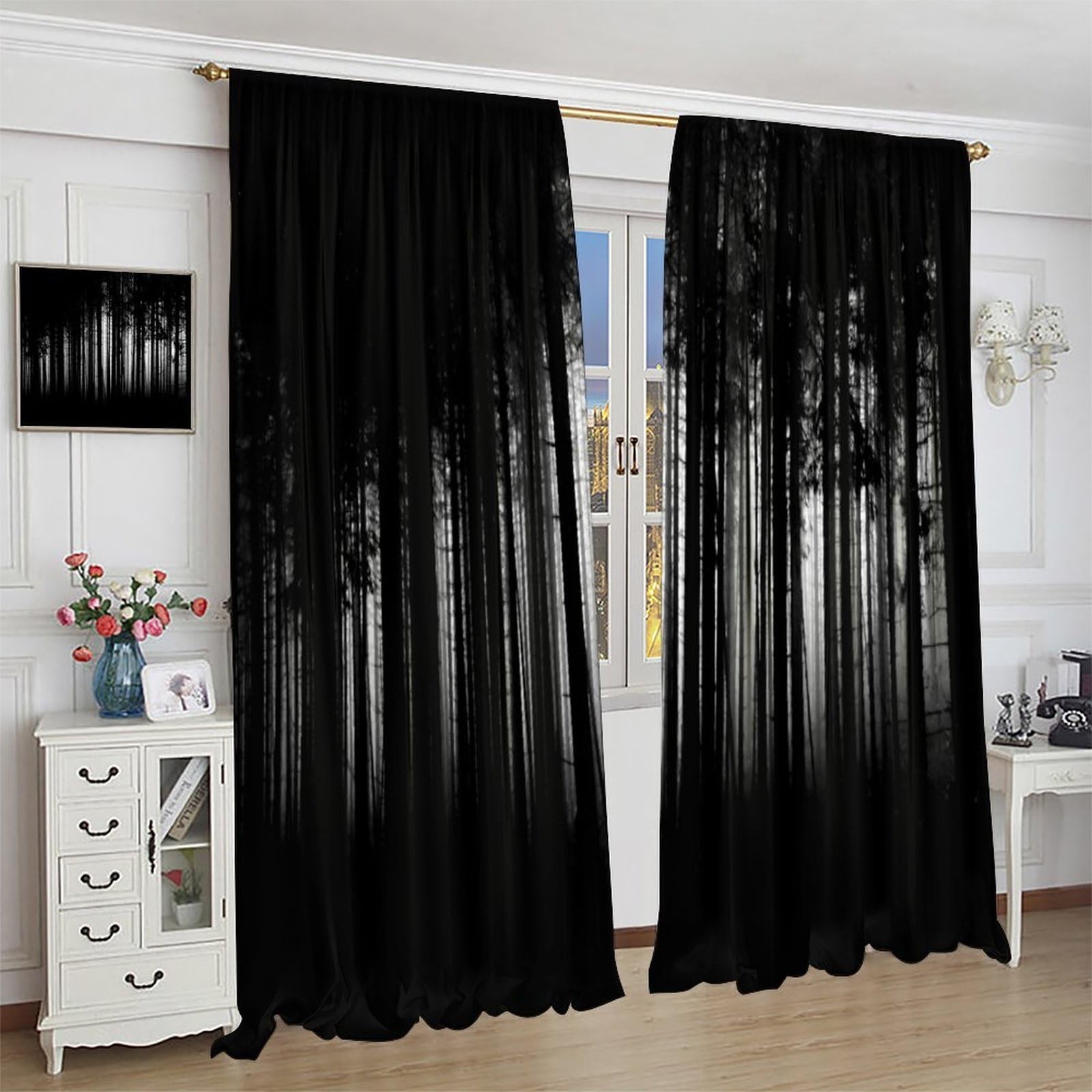 Gothic Forest Curtains Black Horror Dark Halloween Grunge Background Art Prin…