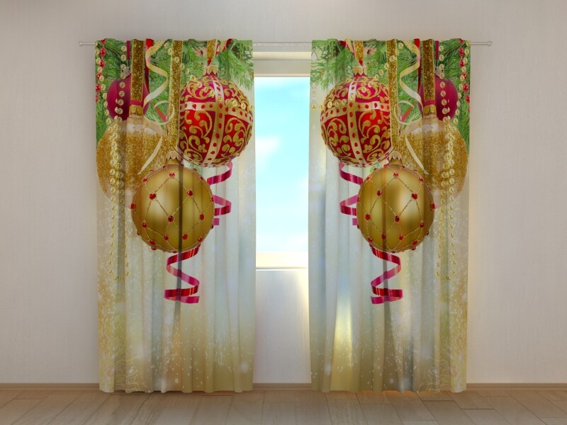 Photo Curtain Printed Christmas Golden Glow Toys Red Wellmira Made to Measure