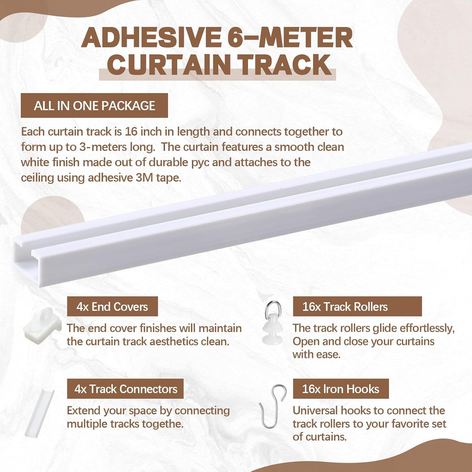 5.25 FT/63 IN Self Adhesive Ceiling Curtain Track Rail No Drill Rod Screws or