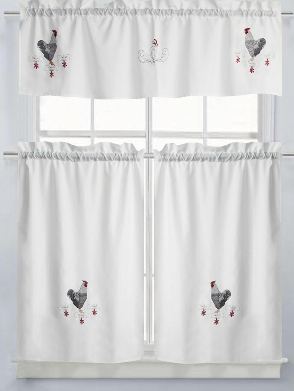 Embroidered Window Curtains Set:2 Tiers 28×36″&Valance 56×15″ MORNING ROOSTER,RH