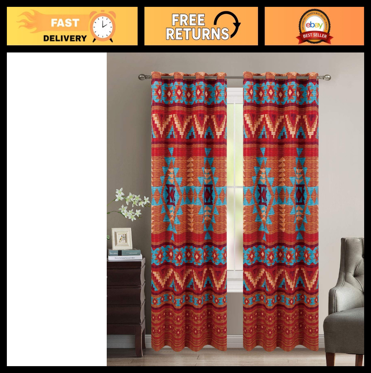 Rustic Western Southwest Thermal Insulation Grommet Curtain Set – Brown, 2 Panel