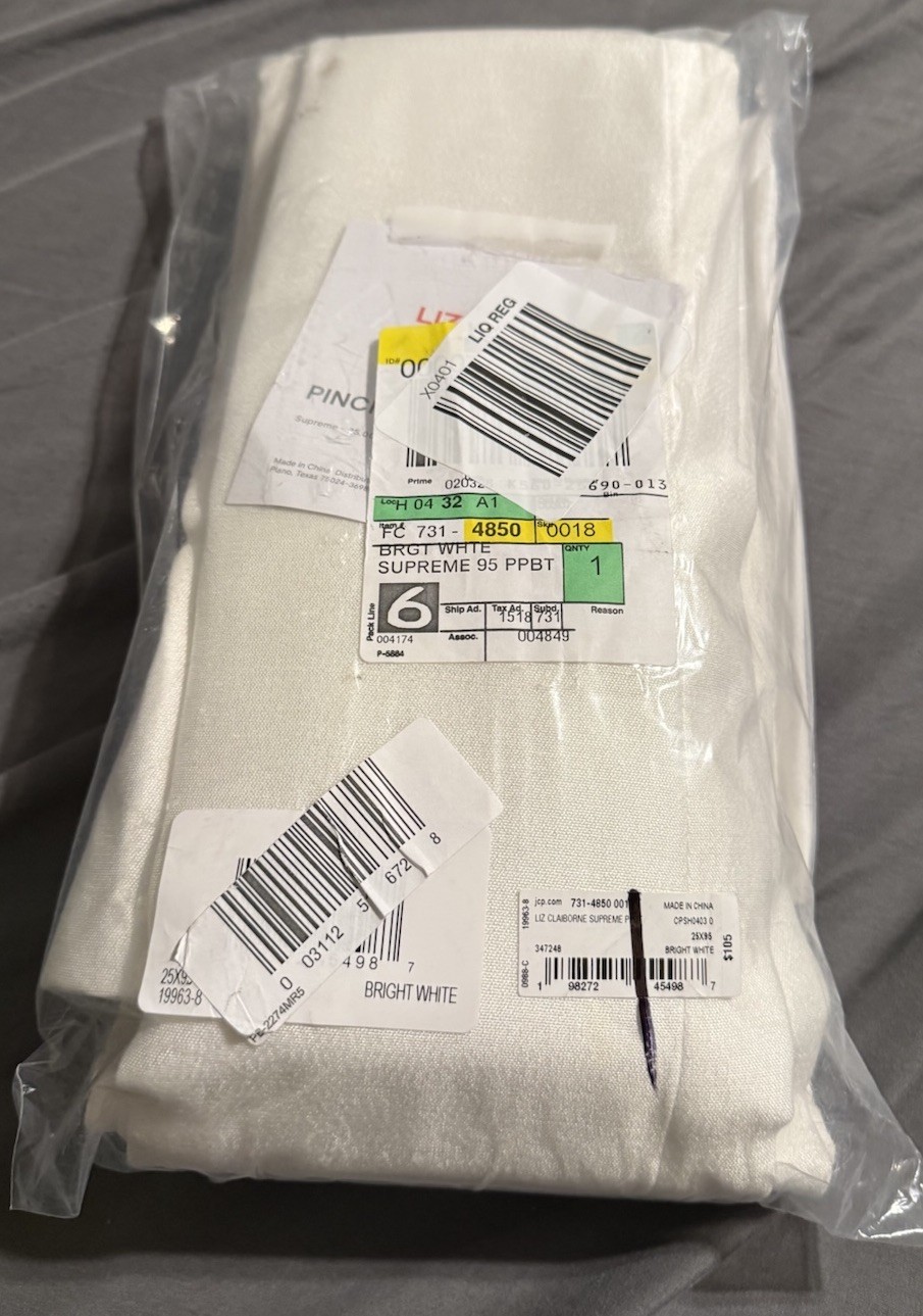 Liz Claiborne Bright White Pinch Pleat Curtain Panel – 25” x 95” NEW