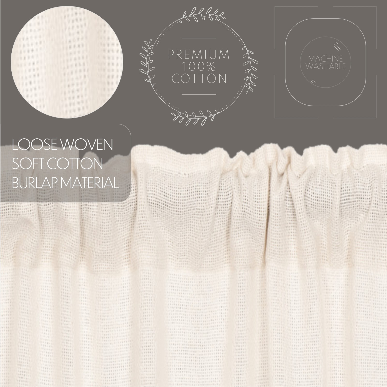 Burlap Antique White Short Panel Set 63″L 100% Cotton Country Rustic Cabin Lodge
