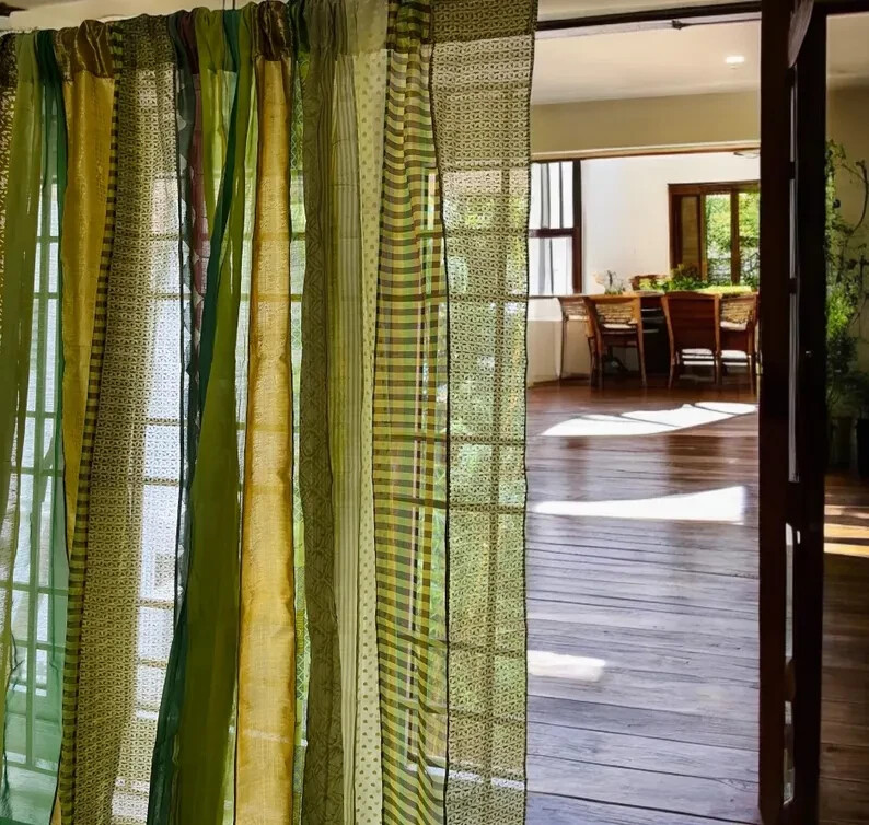 2 Pc Indian Old Recycle Silk Saree Boho Multi Curtain Door Drape Decor Curtain
