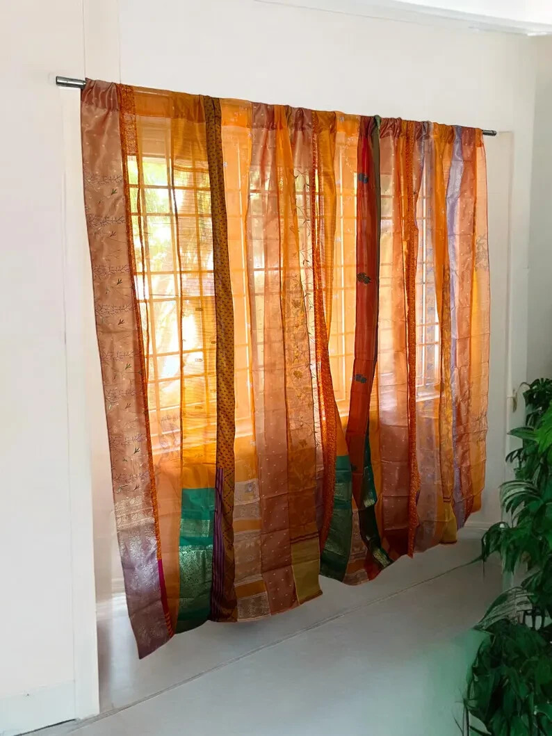 2 Pc Indian Old Recycle Silk Saree Boho Multi Curtain Door Drape Decor Curtain
