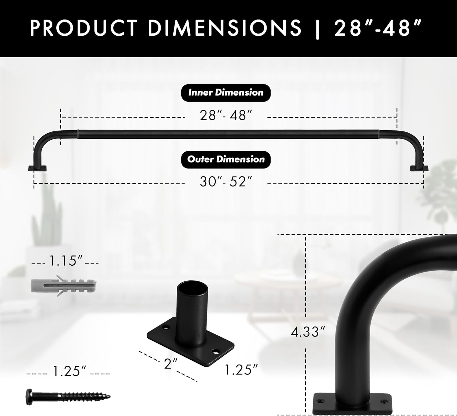 1-Inch Diameter Wrap around Blackout Curtain Rod, 28-Inch to 48-Inch, Black Fini