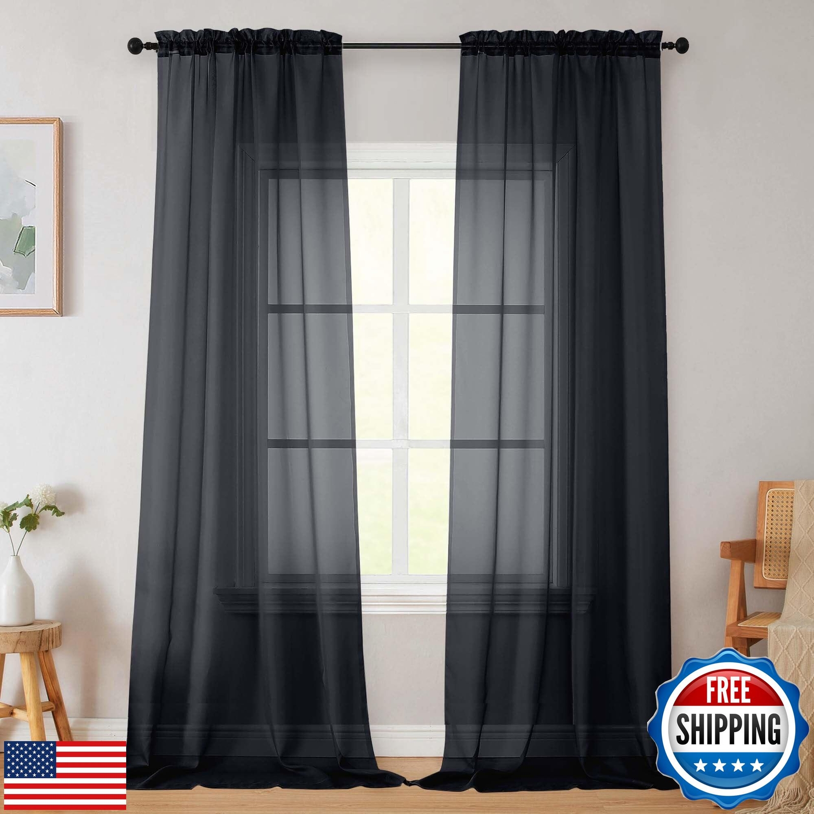 Welvetblk Black Sheer Curtains for Bedroom Living Room 96 Inches Long 2 Panel