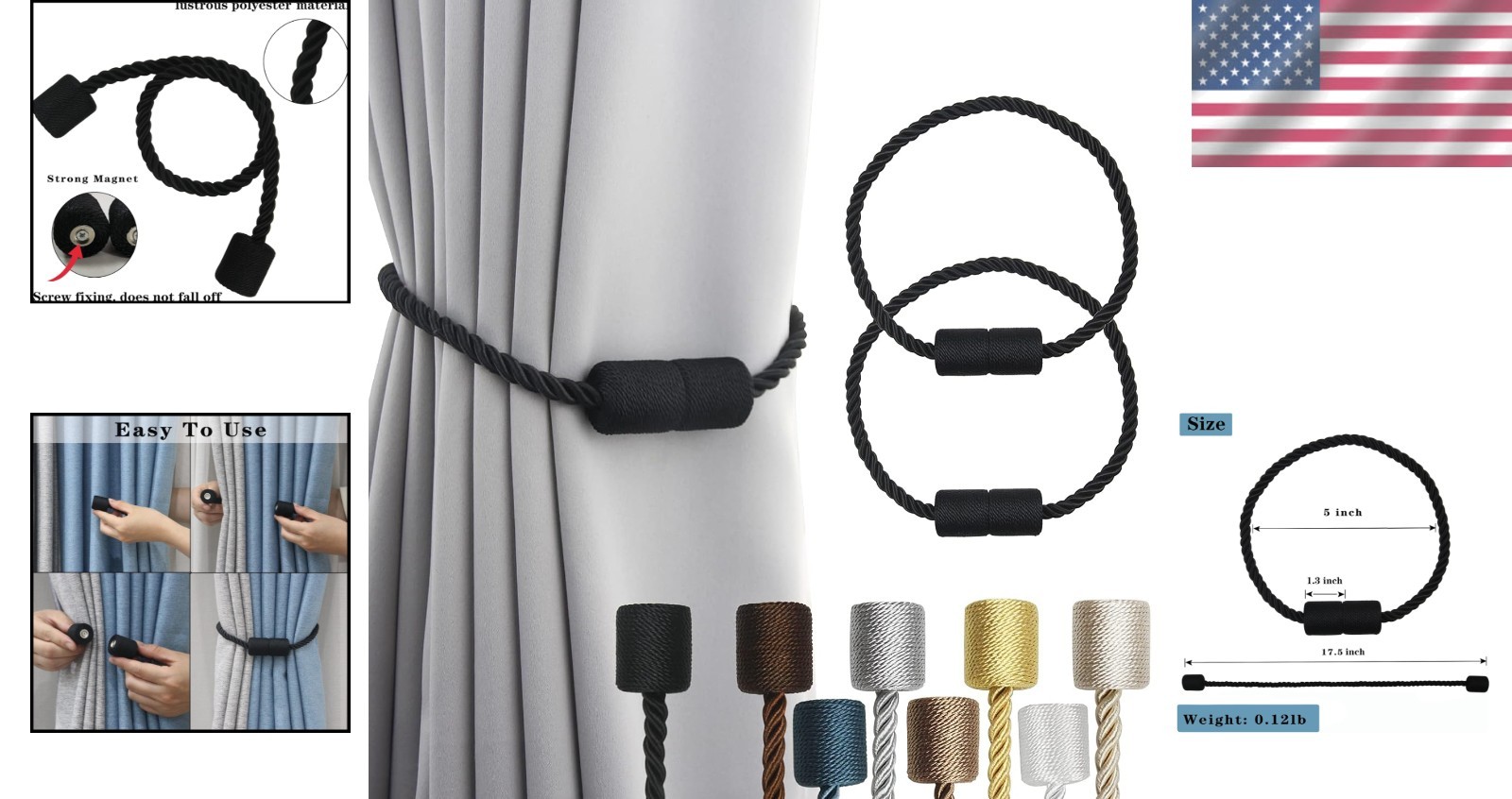 Stylish Hand-Woven Black Magnetic Curtain Tiebacks – 2 Pack for Versatile Use