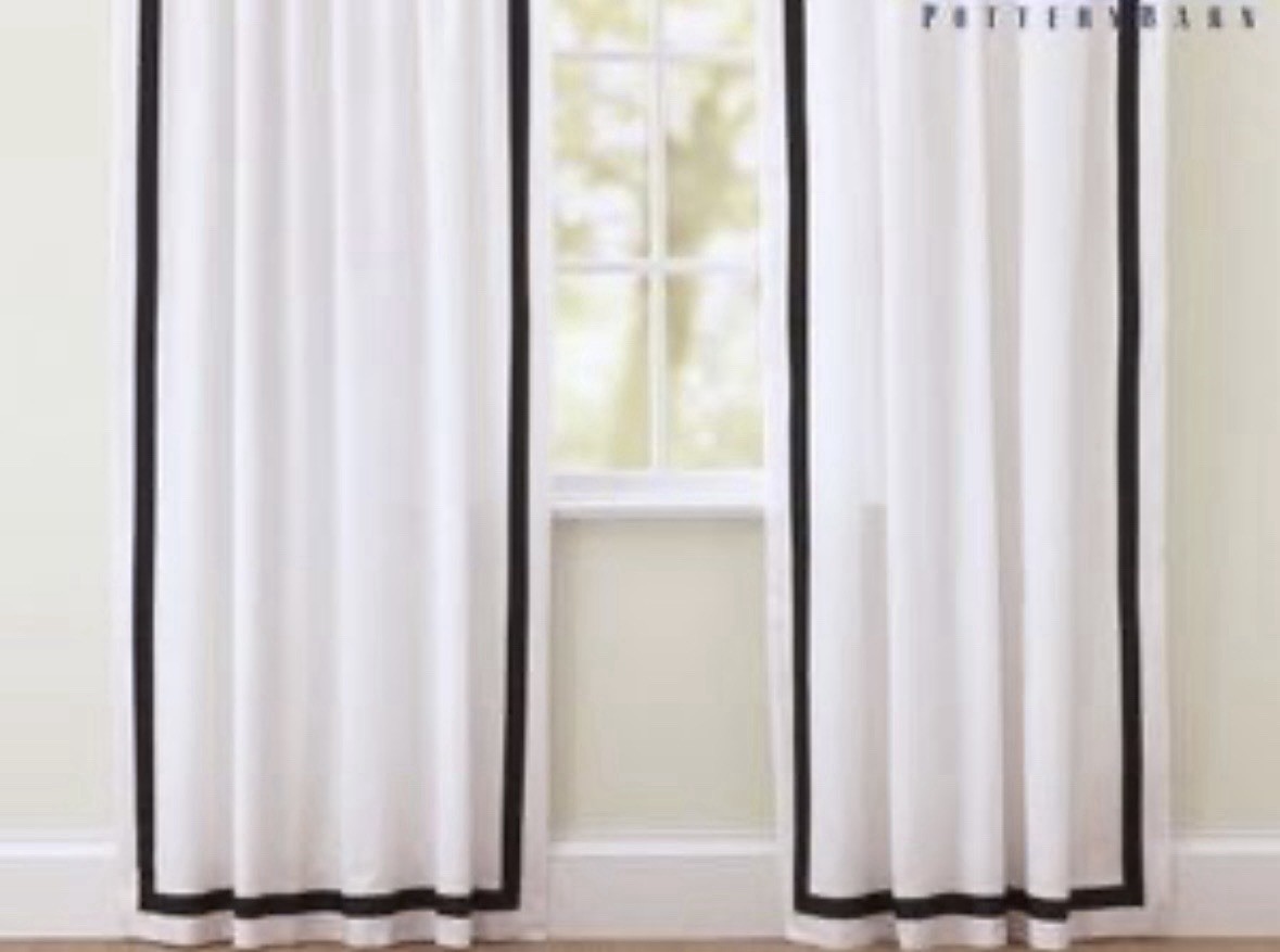 Pottery Barn Teen Lined Curtain Panels Set Of 2 – 84×52 White Black Edge Hooks