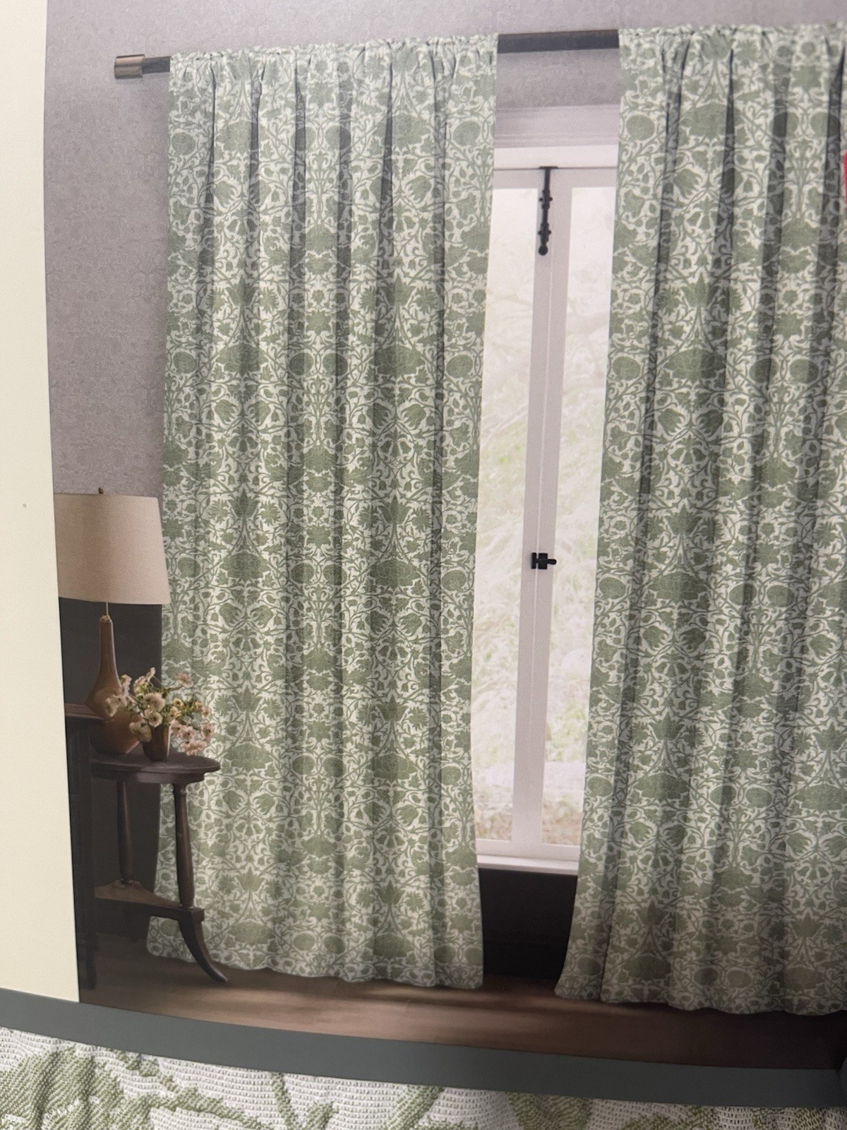 WILLIAM MORRIS Co 2Set/4 Panels Embossed Lodden Green Floral Curtains 37×96 NEW