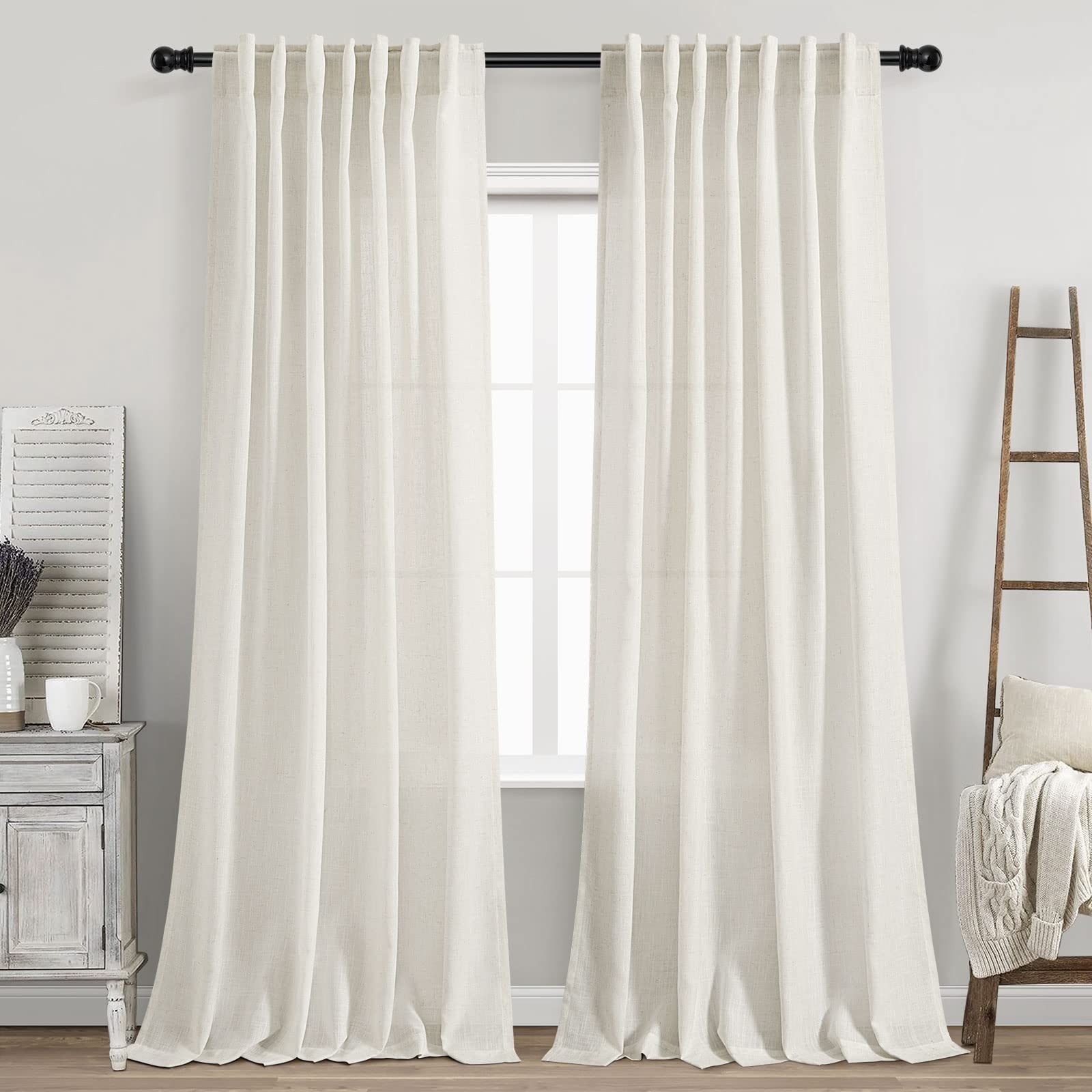 Cream Linen Back Tab Curtains 84 Inch Length for Living Room 2 Panel Set Neut…