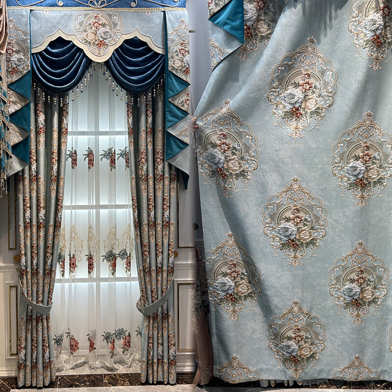 high-grade European blue jacquard chenille thick valance curtain tulle M1559