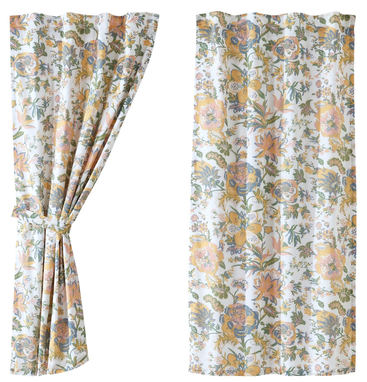 Floral Window Curtains Blue Green Pink Gold Cotton Vintage-Style Cottage Wilder