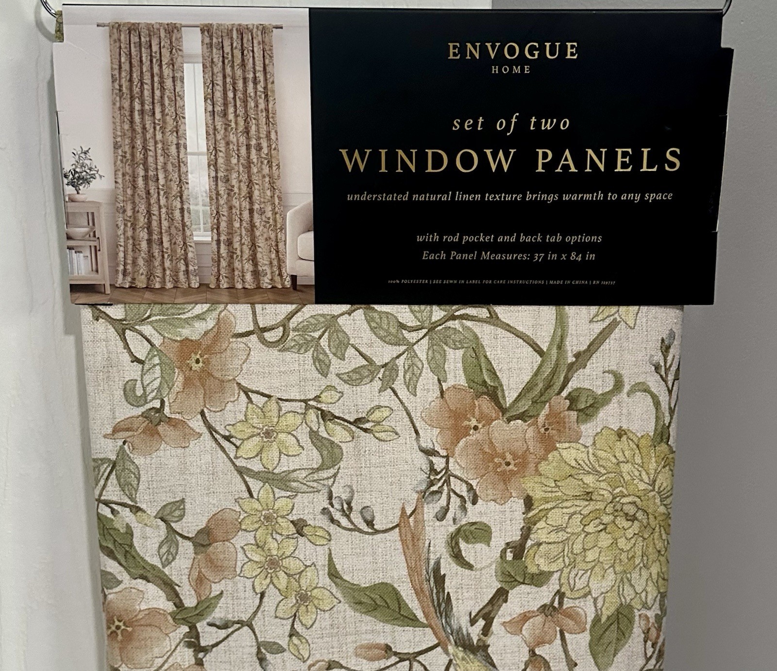 2 ENVOGUE Window Curtains 2 Panels Beige 37” x 84” Each Flowers Birds Floral NWT