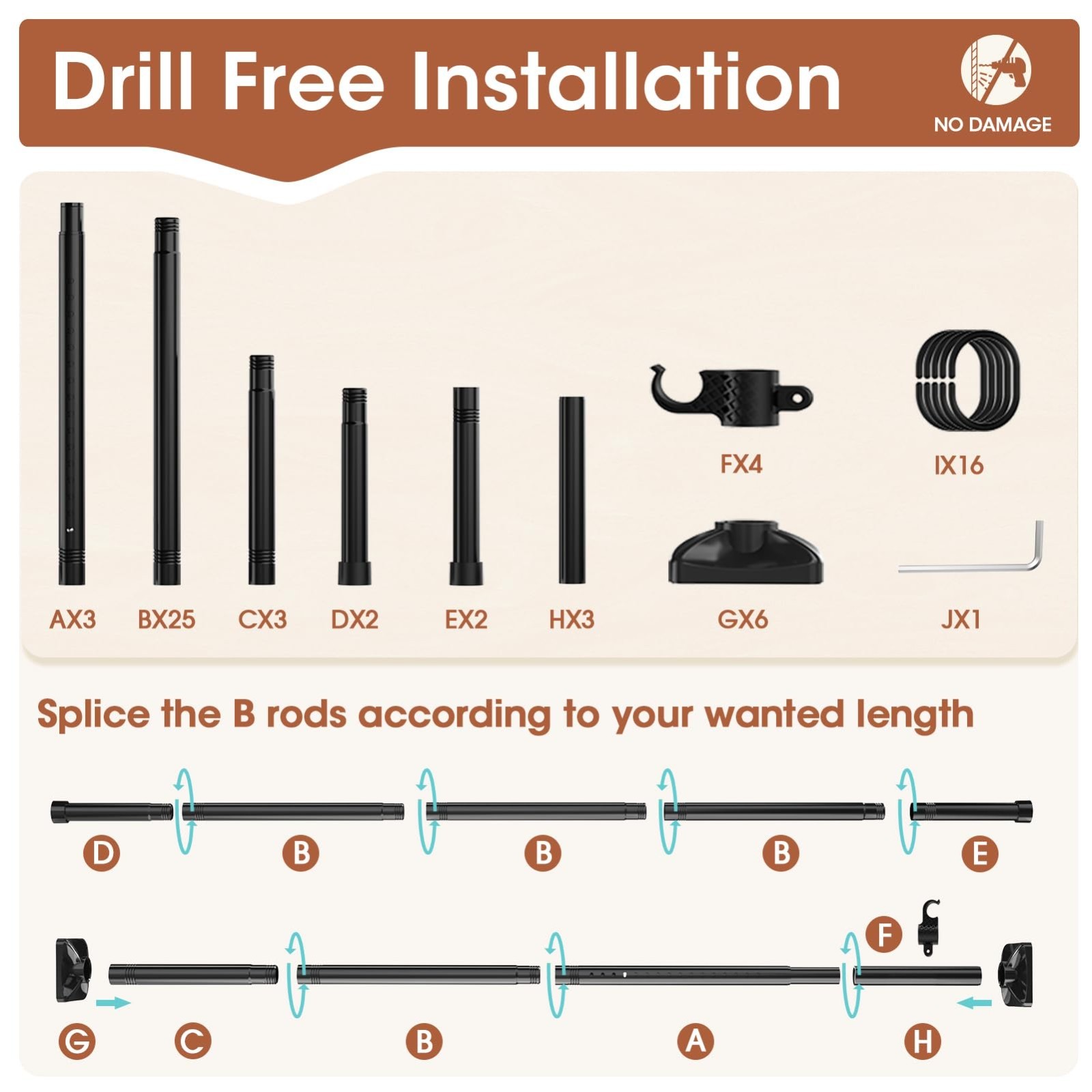 Adjustable Room Divider Curtain Rod – No Drill Wall Separator, 4-10ft Height, 28