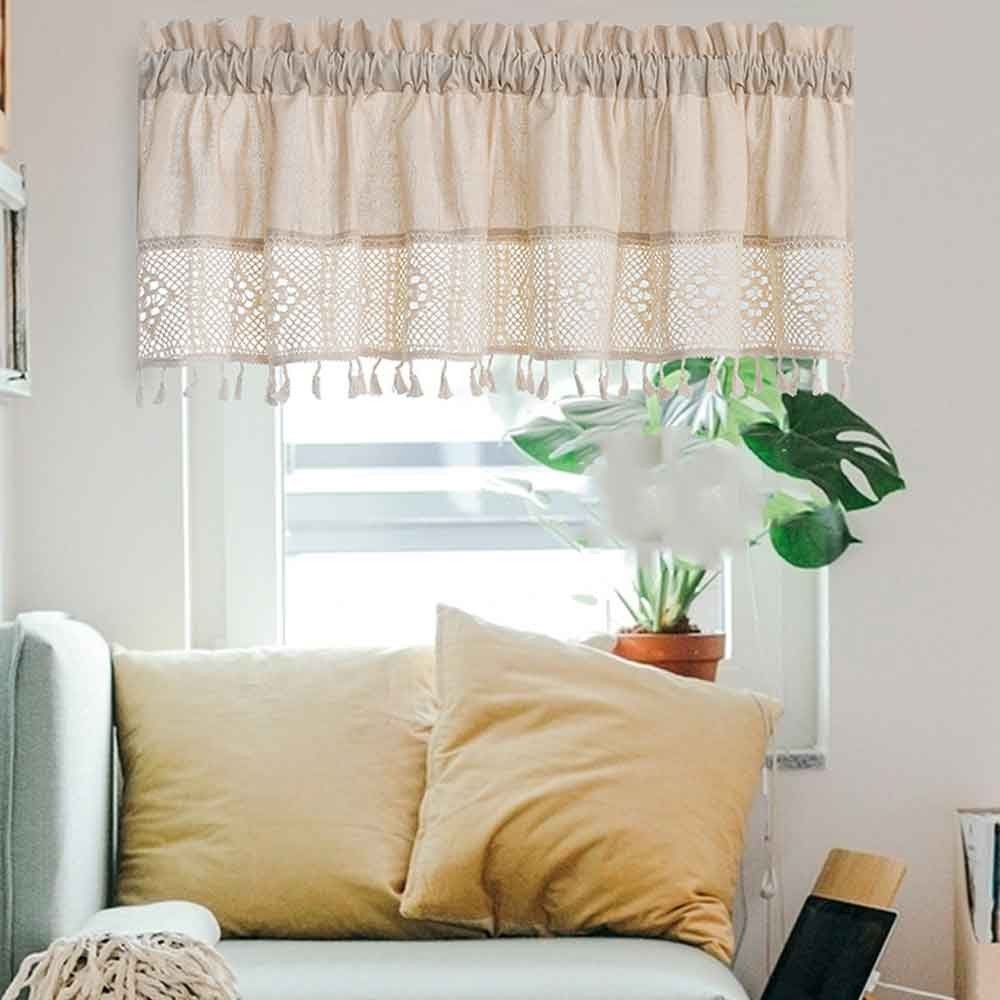 Rustic Farmhouse Linen Crochet Lace Short Cafe Curtain Valance w/ Tassel Kitchen