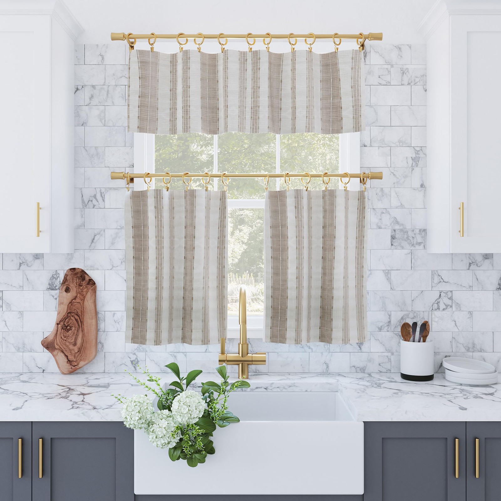 Archaeo Slub Texture Stripe Cotton Cafe Curtain Pair, 52″ x 45″, Linen/White