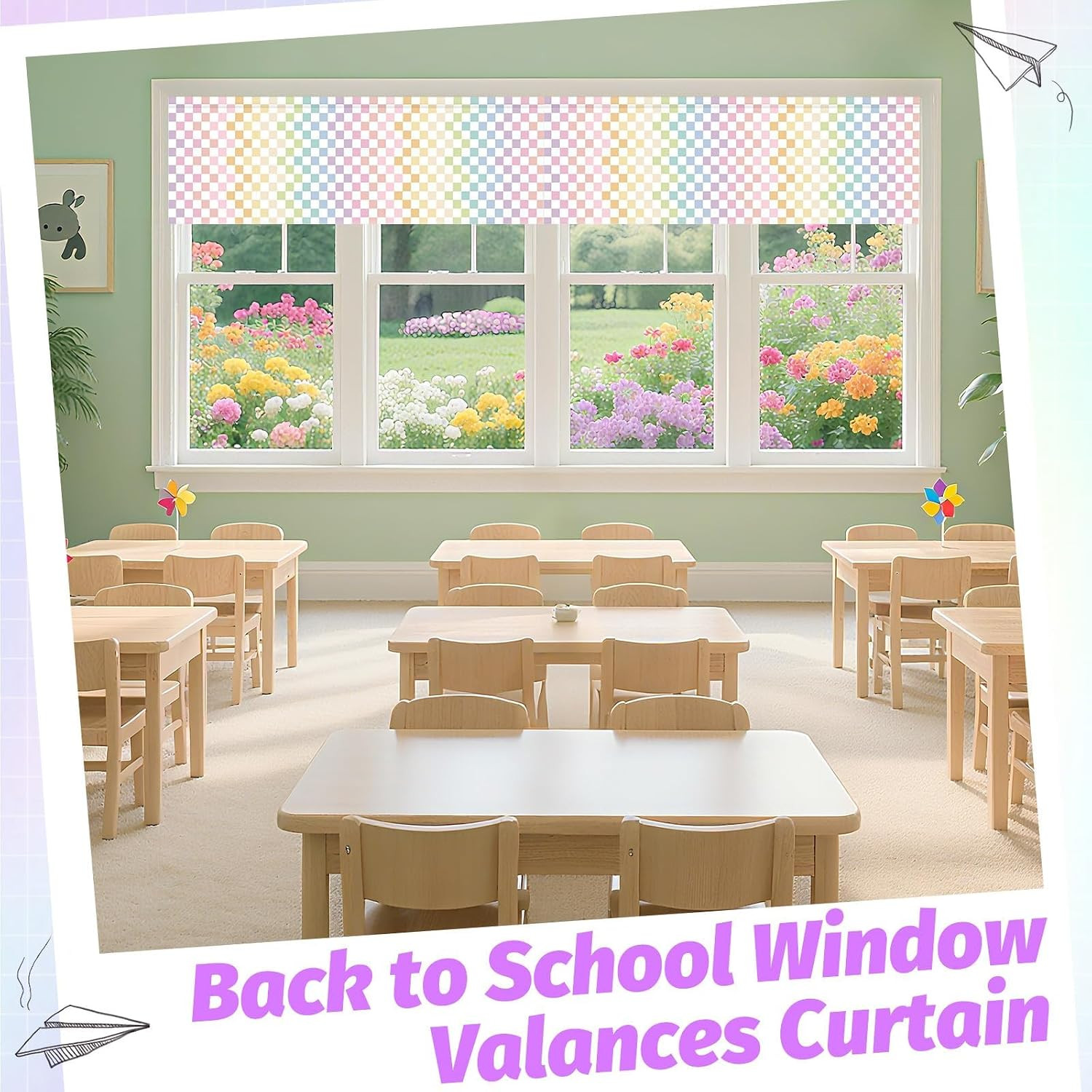 4PCS Pastel Checkered Classroom Curtains Rainbow Checkered Kitchen Valances for