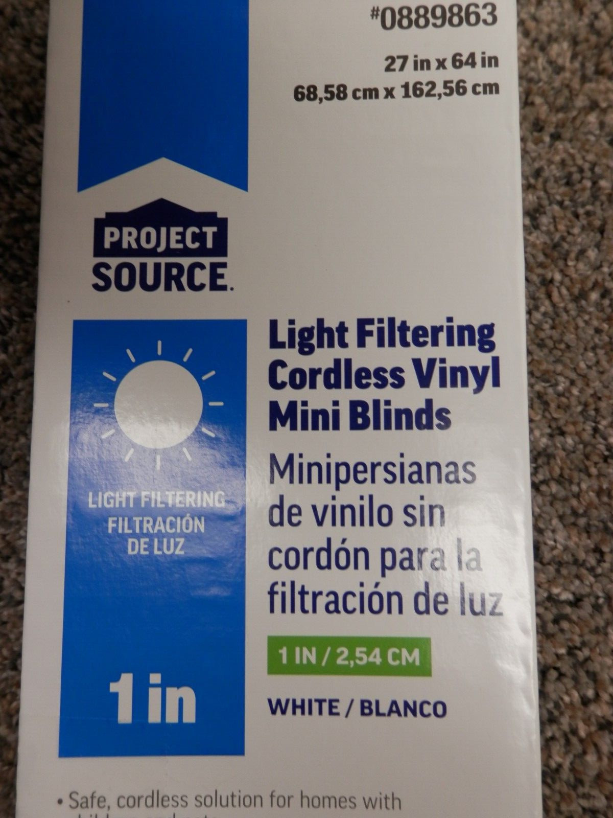 PROJECT SOURCE LIGHT FILTERING CORDLESS VINYL BLINDS 1.IN X 27IN. X 64 IN.