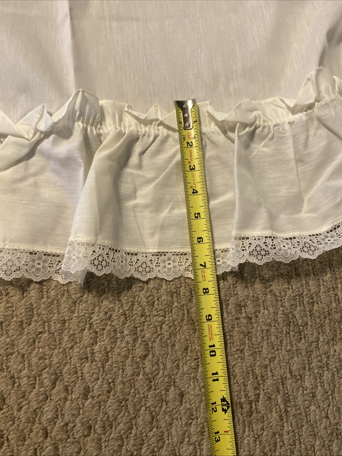 Pair Ivory Ruffled Curtains With Tie Back Bows Lace Trim 65″ Long Beautiful!