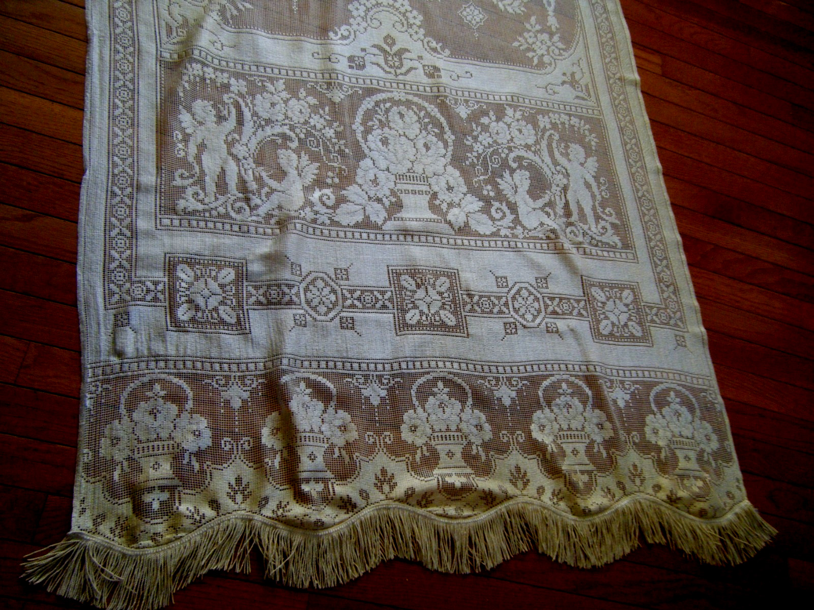 Antique 19c curtain panel darnet silk filet net cherubs flower garland fringes