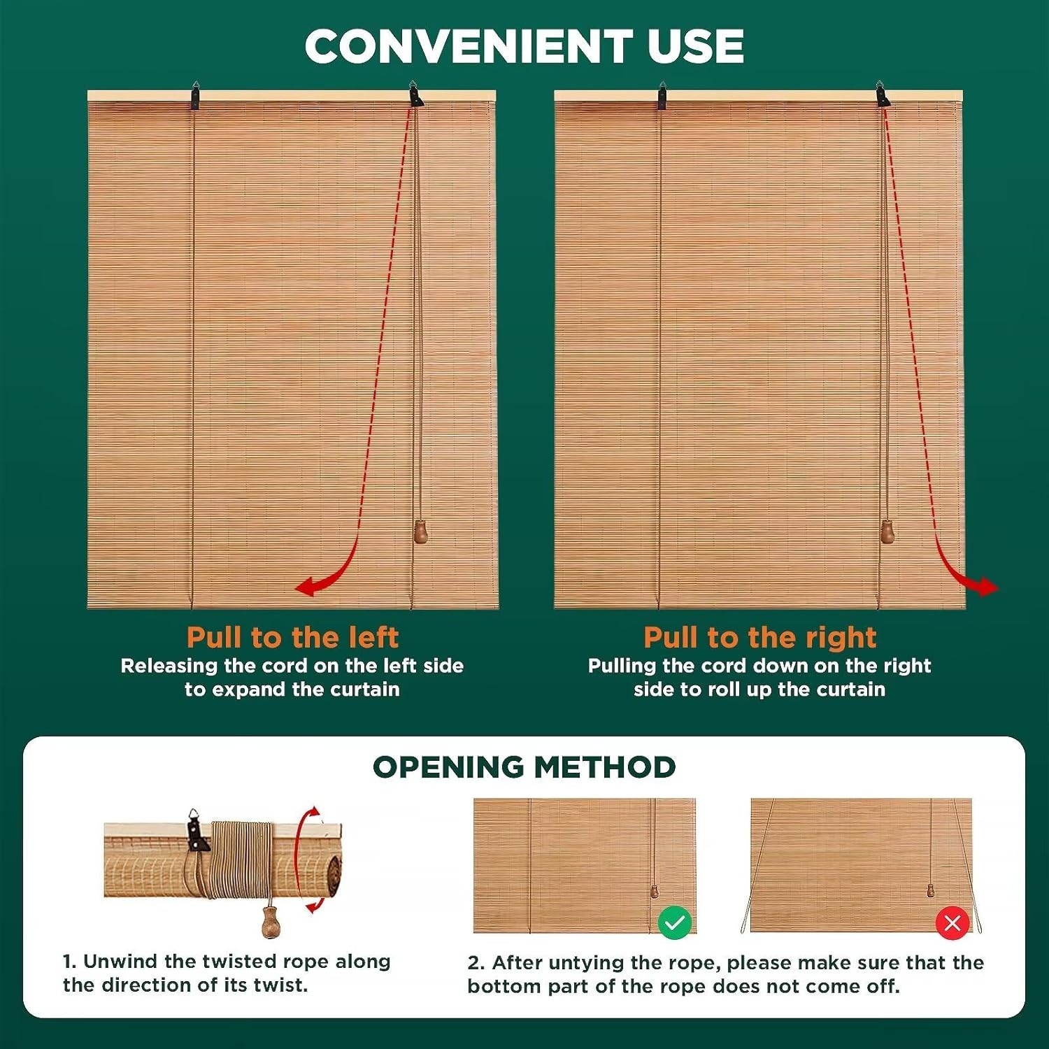 Customizable Bamboo Shades: 23″ W x 48″ H Light Filtering Window Treatments