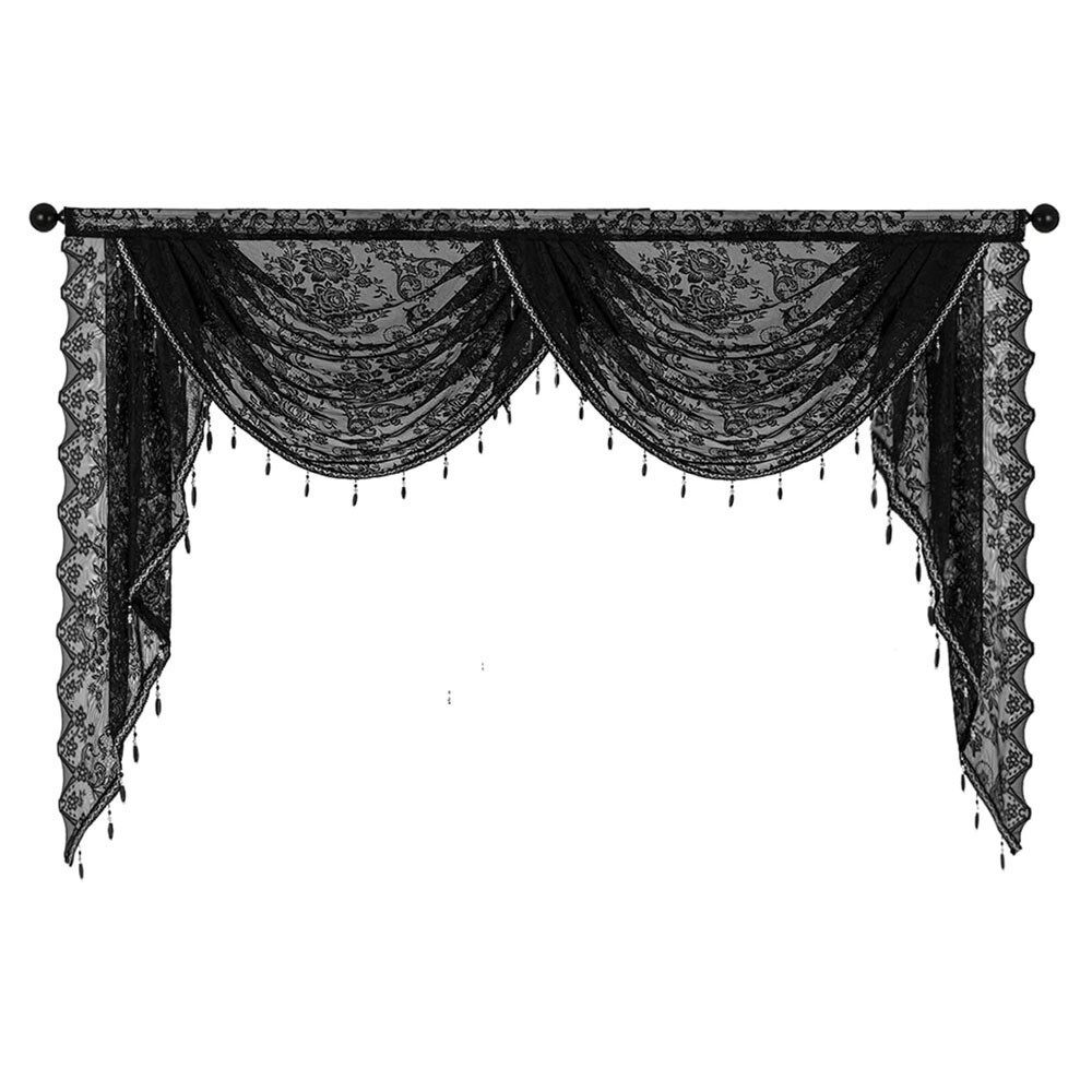 Vintage Embroidered Waterfall Lace Window Curtain Swag Valance with Bead Tassels