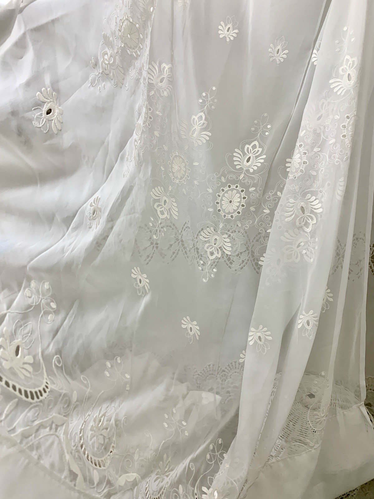 Vtg Made In France By France Voile Curtain Panel Cutwork Embroidered 58” X 78”