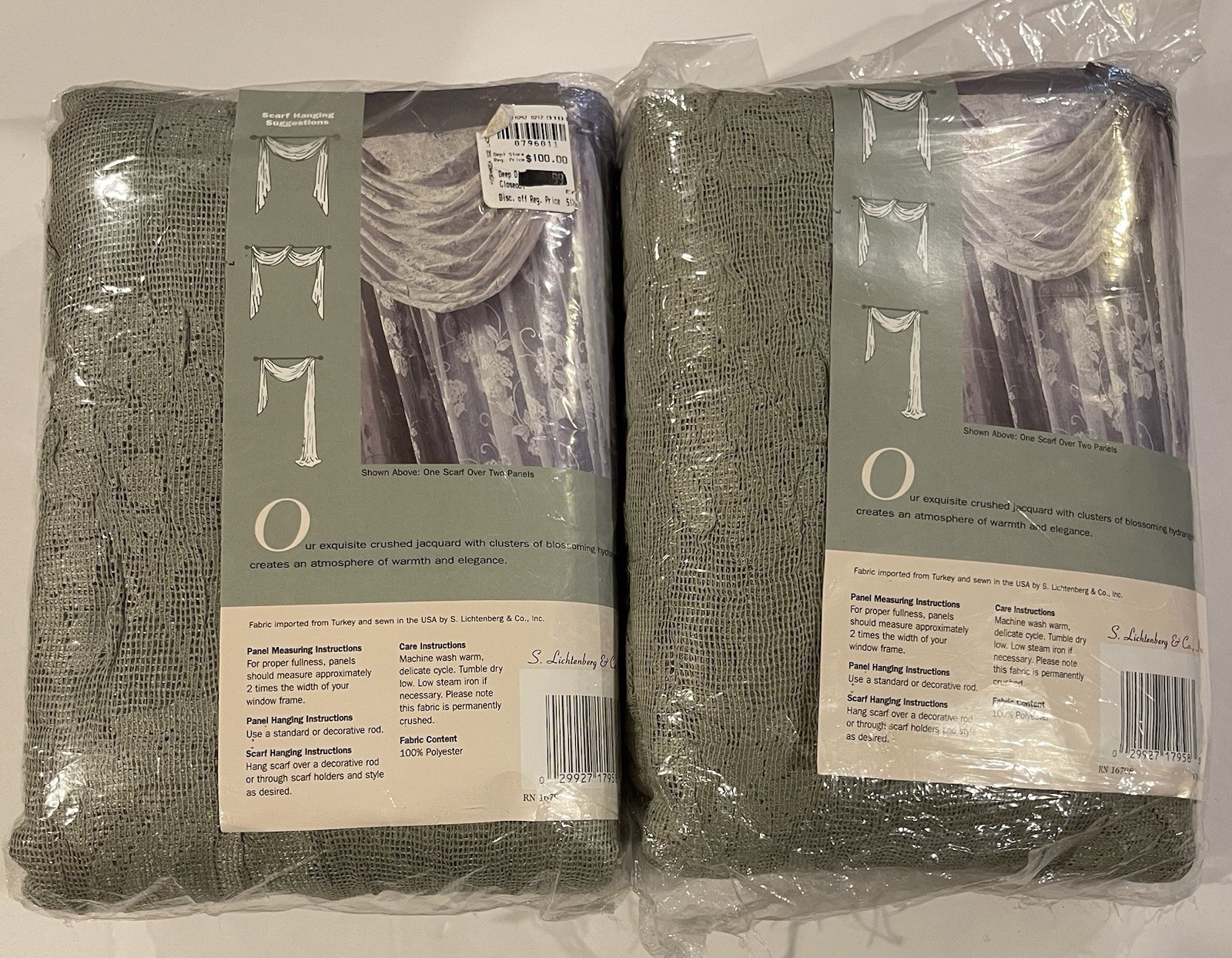 2 S. Lichtenburg & Co. Hydrangea Window Scarf Treatments Sage 40”W X 216”L NIP