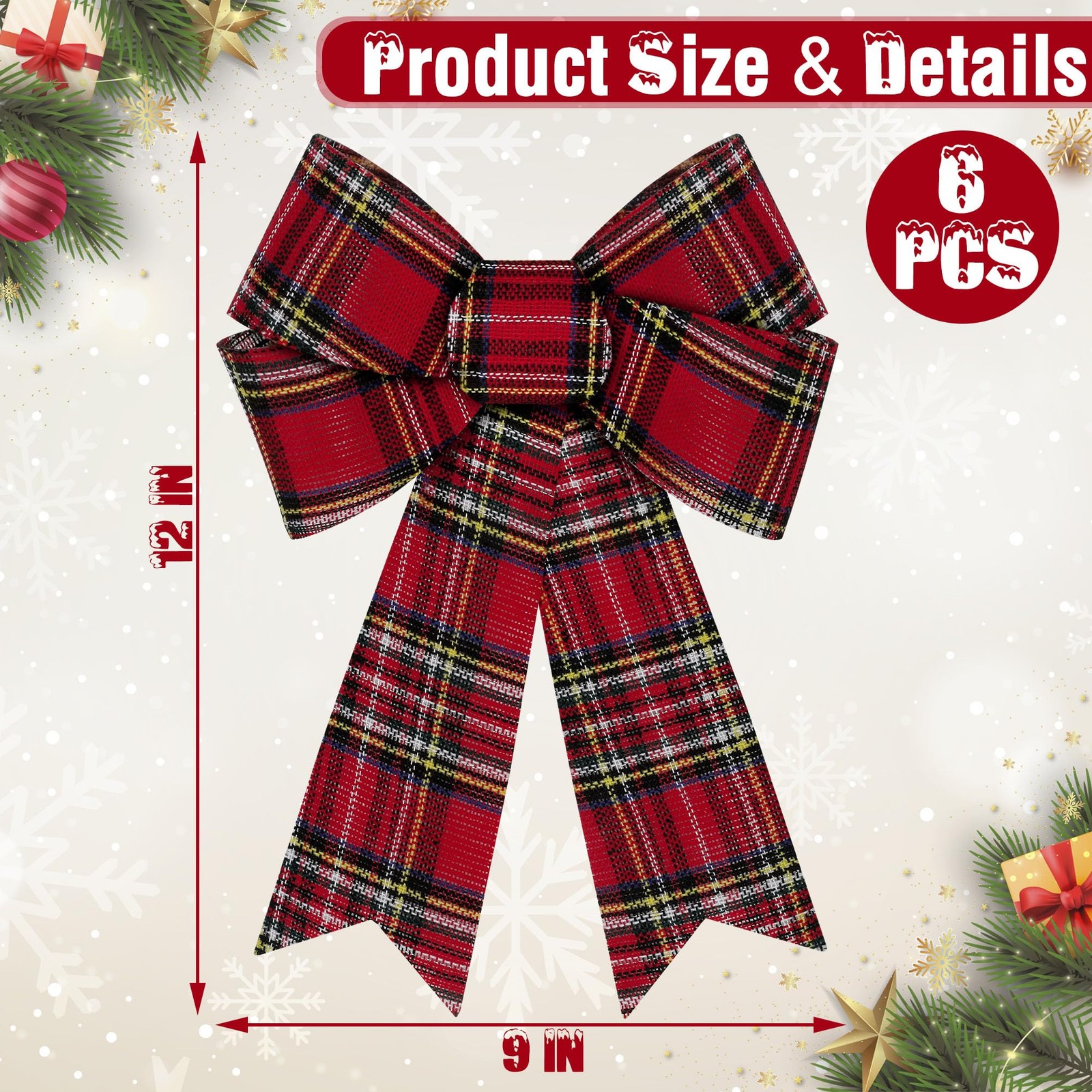 6 PCS Christmas Tree Decor, 9 x 12 Inch Large Christmas Bows, Buffalo Plaid W…
