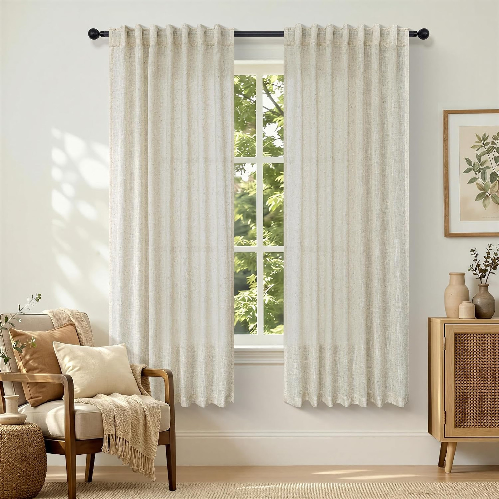 Linen Curtain Panels 52×63 Inches Set for Bedroom Kitchen Rustic Farmhouse