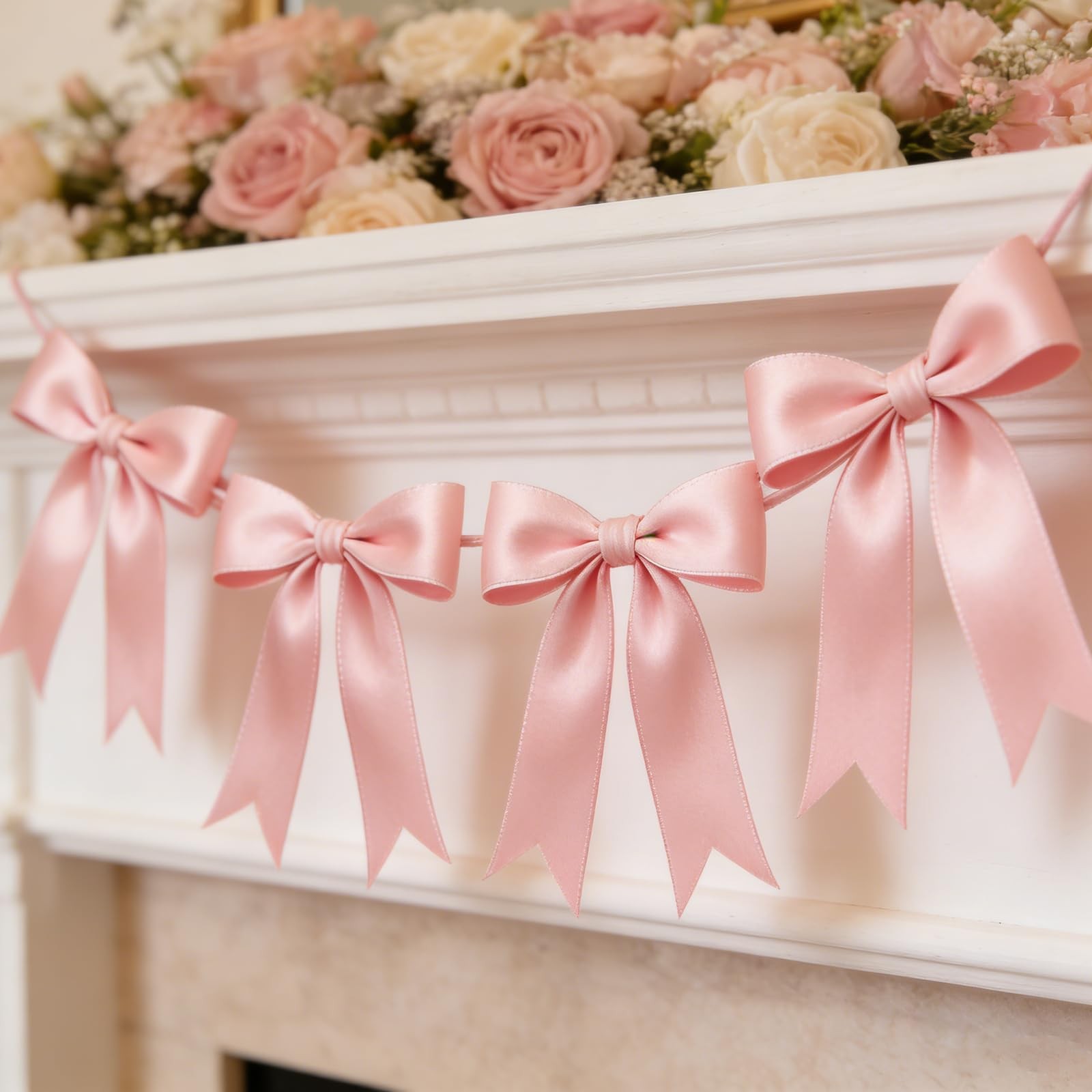 1 String Pink Bow Garland Banner Decorations, Pre-Strung Satin Ribbon Bows fo…