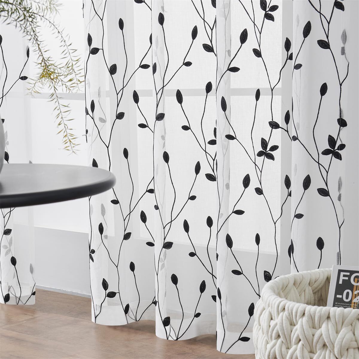 2 Panels Leaf Embroidered Sheer Curtains, Voile Rod Pocket Textured Drapes