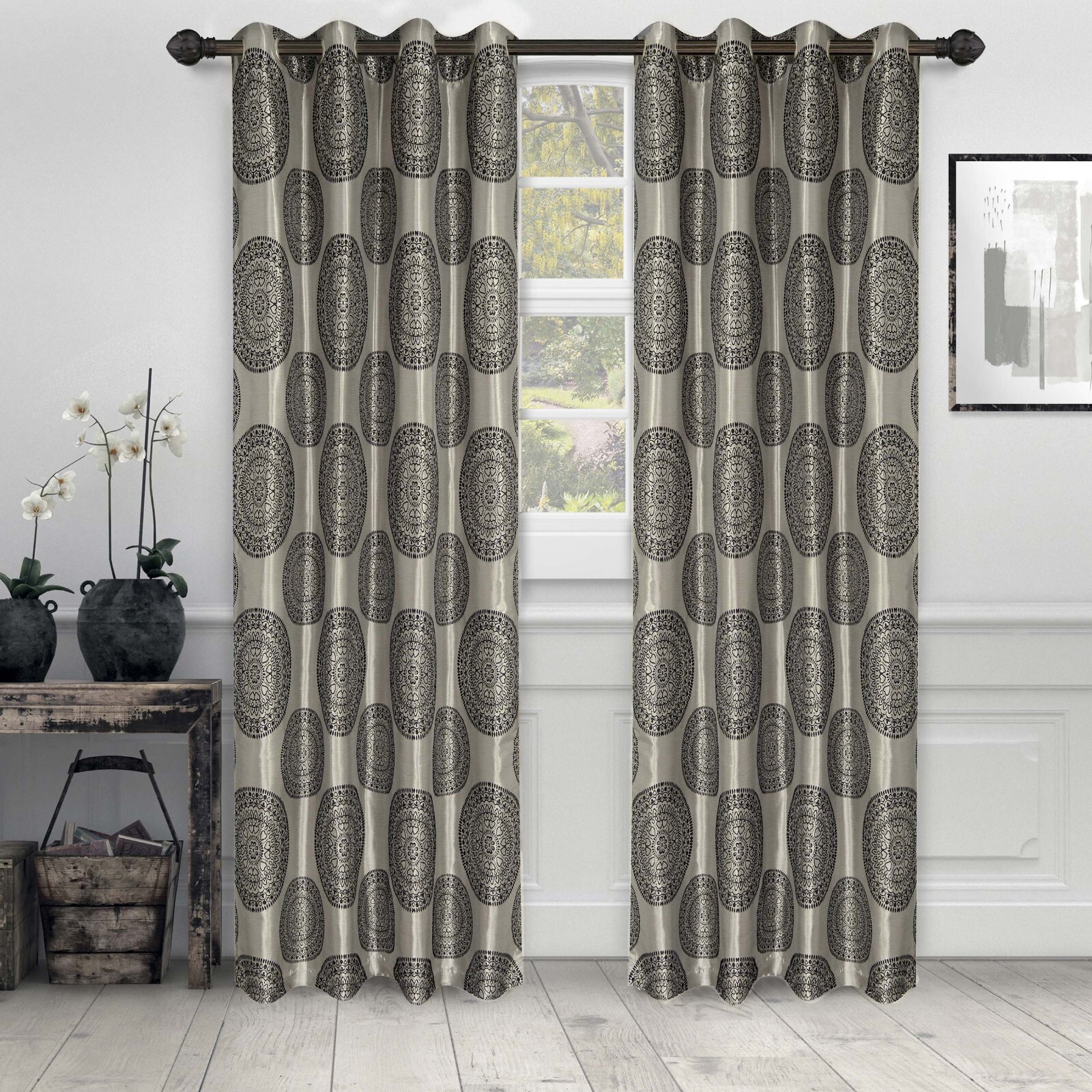 Cordon Jacquard Grommet Top Header Floral Medallion Sheer Curtain Panel Set of 2