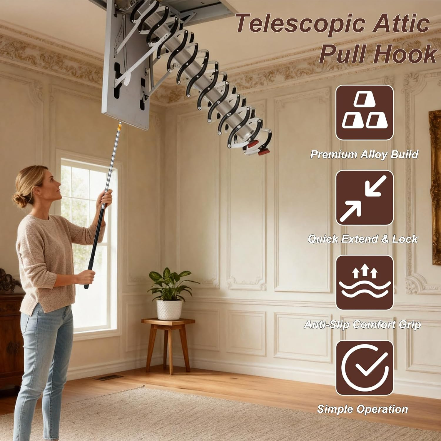 Attic Pull down Hook, 63-Inch Telescopic Attic Pull down Rod, Premium Stainless