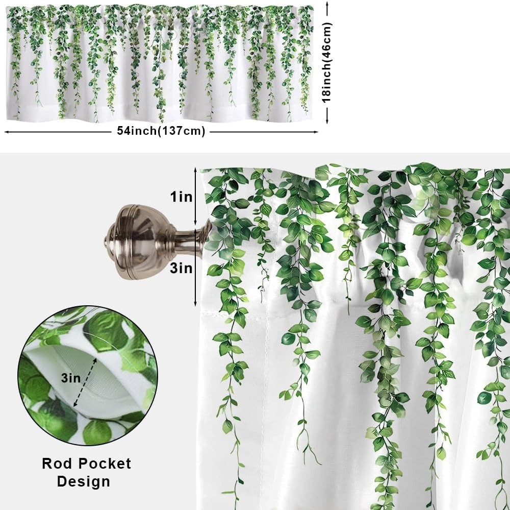 New-4 Window Valances, White with Green Leaf Vines 54″W X 18″L – holds 1-3″ rod
