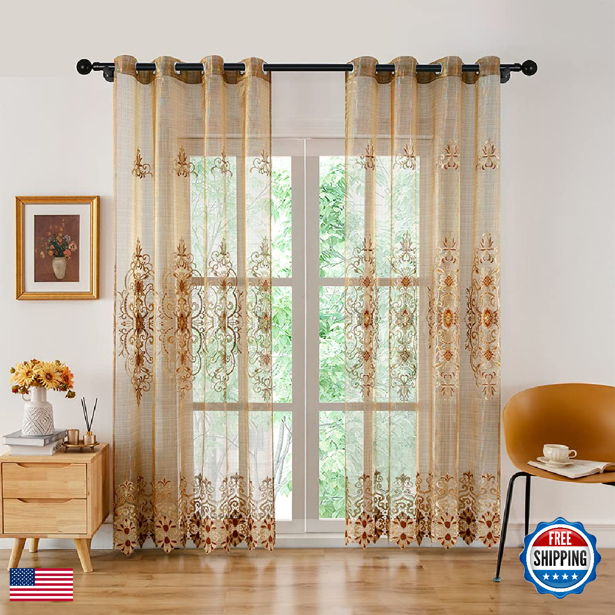 Elkca European-Style Embroidered Sheer Curtains For Living Room Luxury Brown
