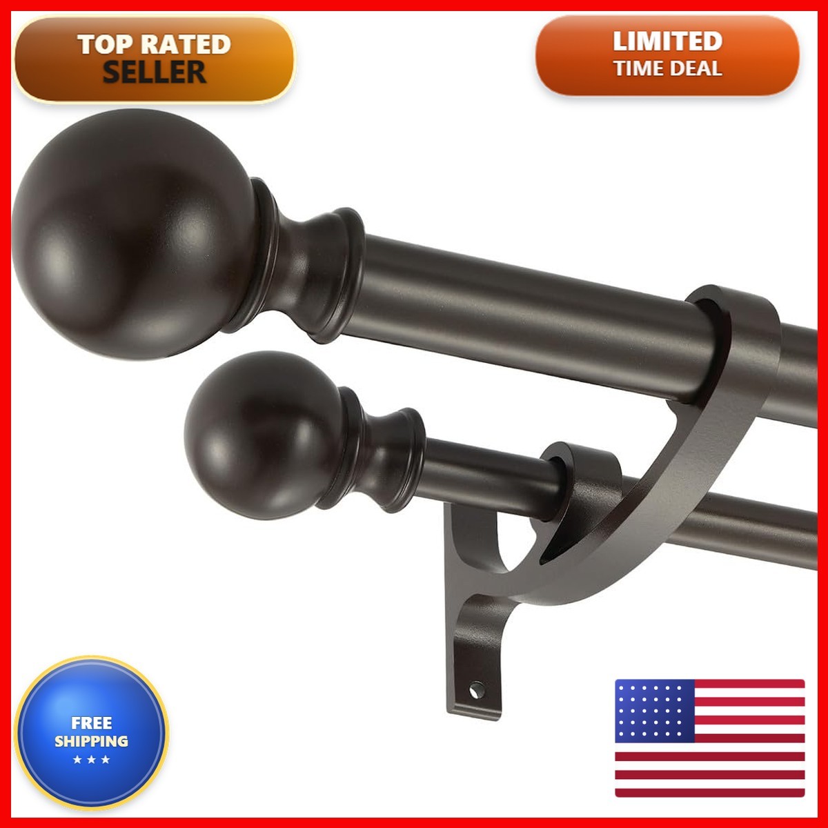 Hosmile Double Curtain Rods 72-144 Inches Brown Iron Matte Finish