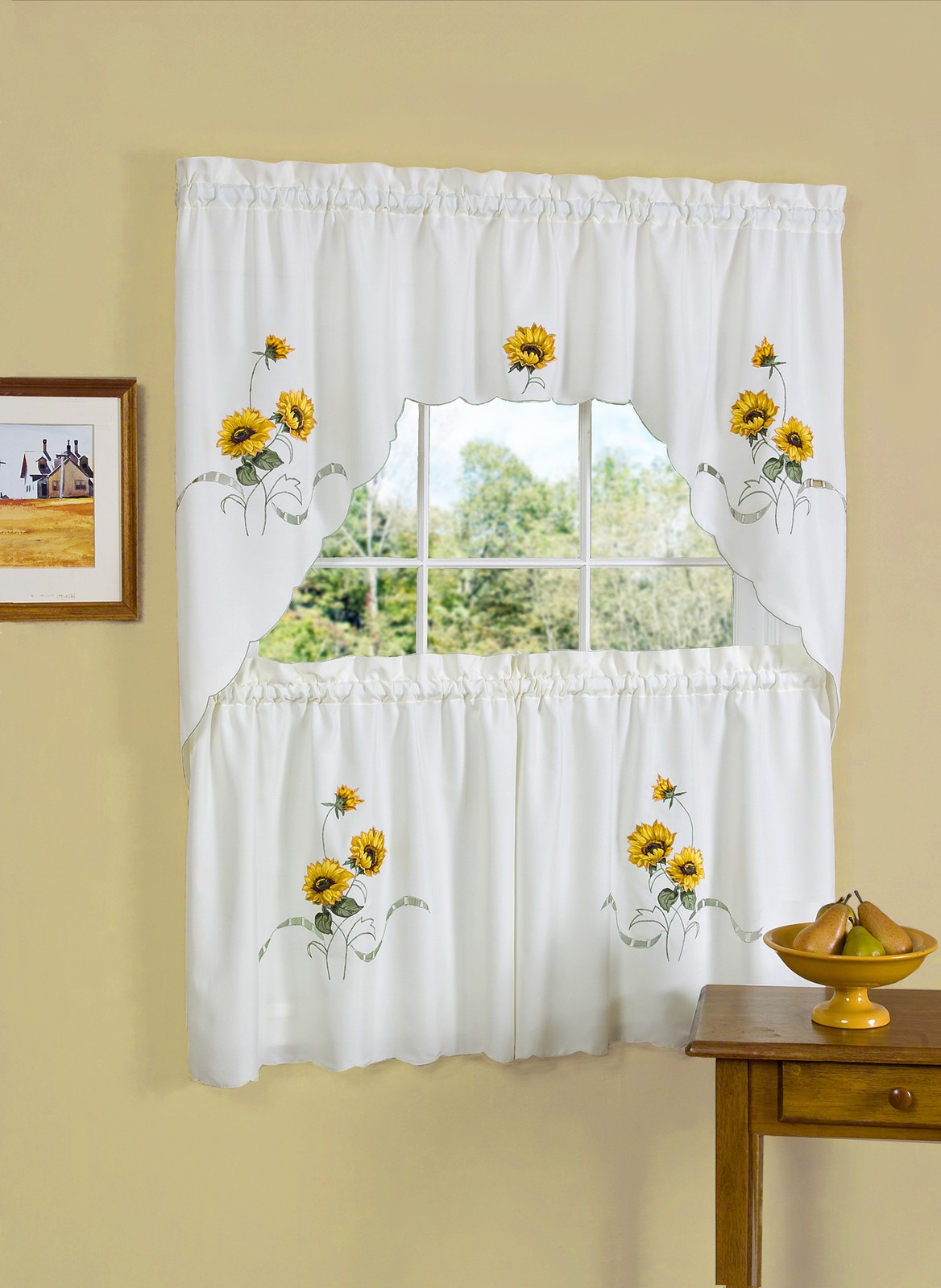 Embellished Window Sunflower Kitchen Curtain Set, Small Panels and Valance/Swag