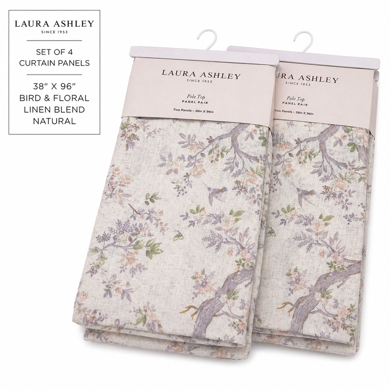 Laura Ashley Set of 4 Bird Floral Curtains 38″x96″ Linen Blend New Natural
