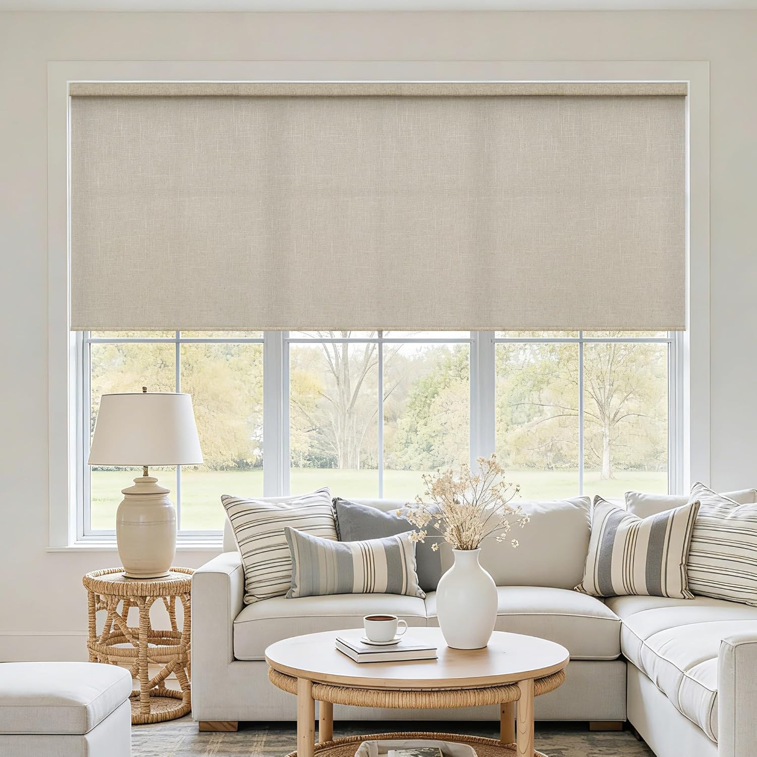 Extra Wide Cordless Linen Roller Shades 72″ W x 72″ H – Light Filtering Blinds