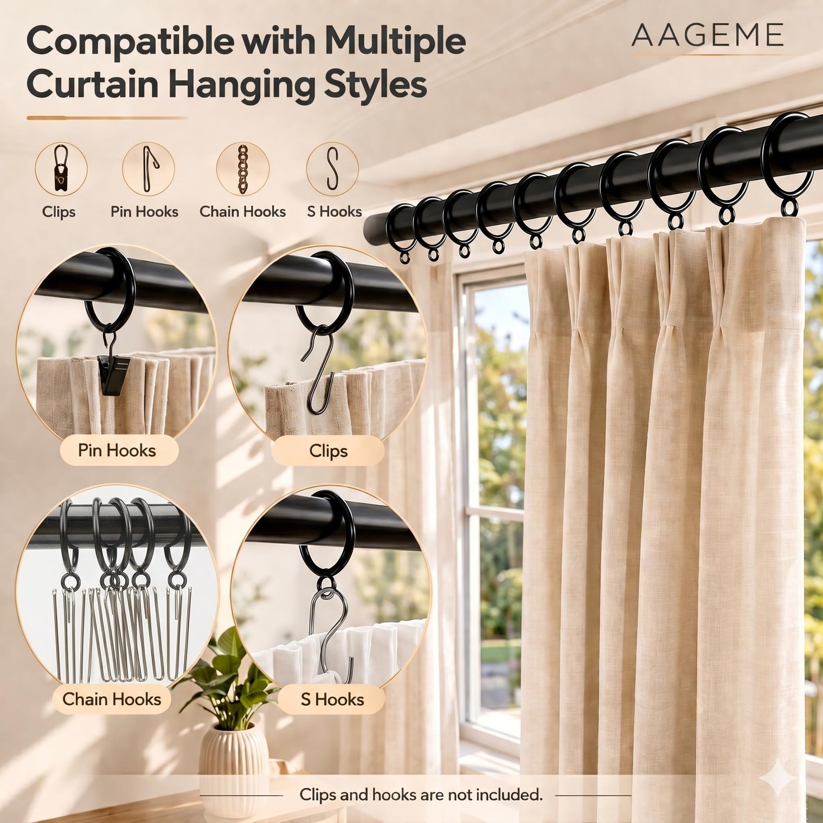 60 PCS Black Curtain Rings with 60PCS-1.5 inch Interior Diameter,